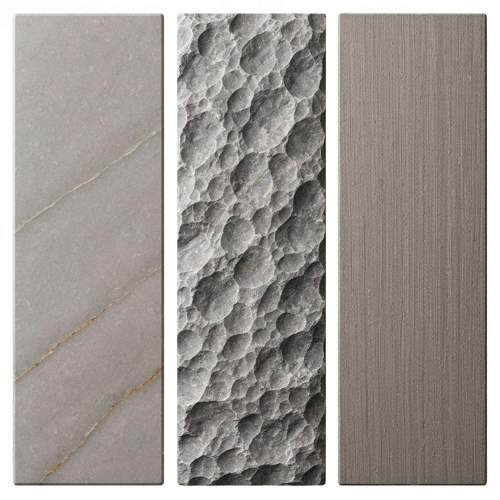 Close-up comparison of stone finishes: polished vs bush-hammered vs brushed texture