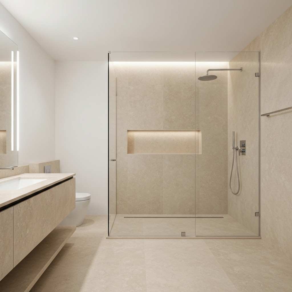 Salle de bain moderne et luxueuse avec un sol en travertin beige et une douche à l
