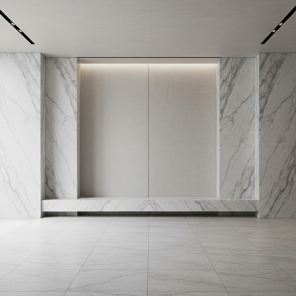 Interior living room luxurious design with large marble wall slabs and stone flooring