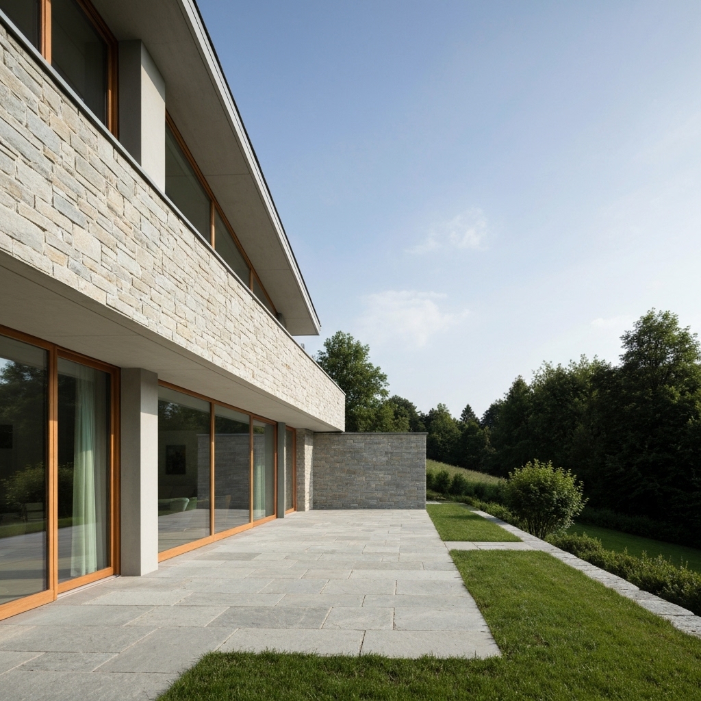 Modern architectural house in Switzerland featuring limestone facade and large stone terrace involved in nature