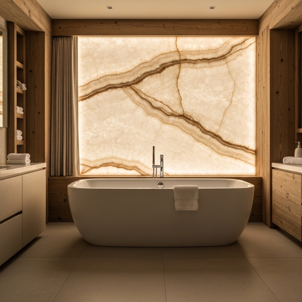 Luxurious bathroom interior featuring a large backlit honey onyx wall slab behind a modern freestanding bathtub, soft ambient lighting, high-end Swiss chalet style