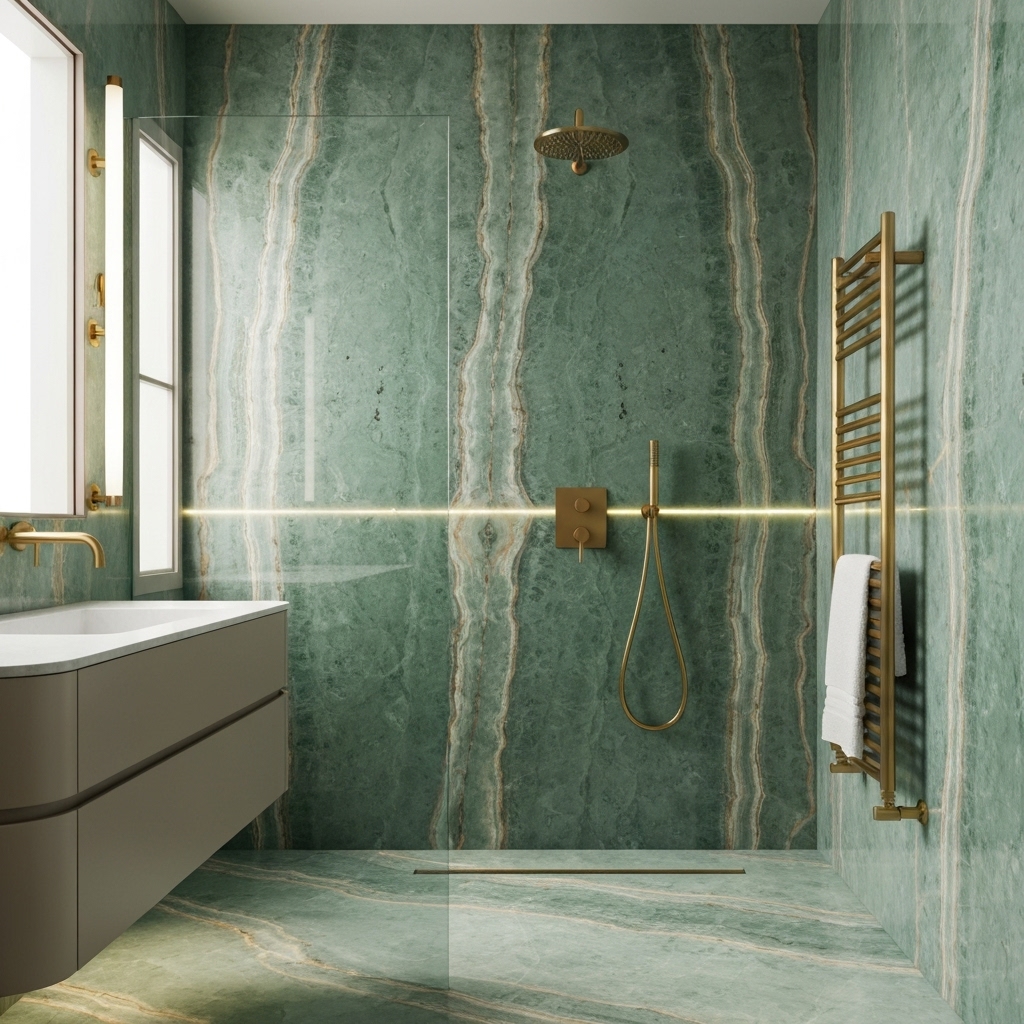High-end bathroom wall showing bookmatched green onyx slabs with gold fixtures