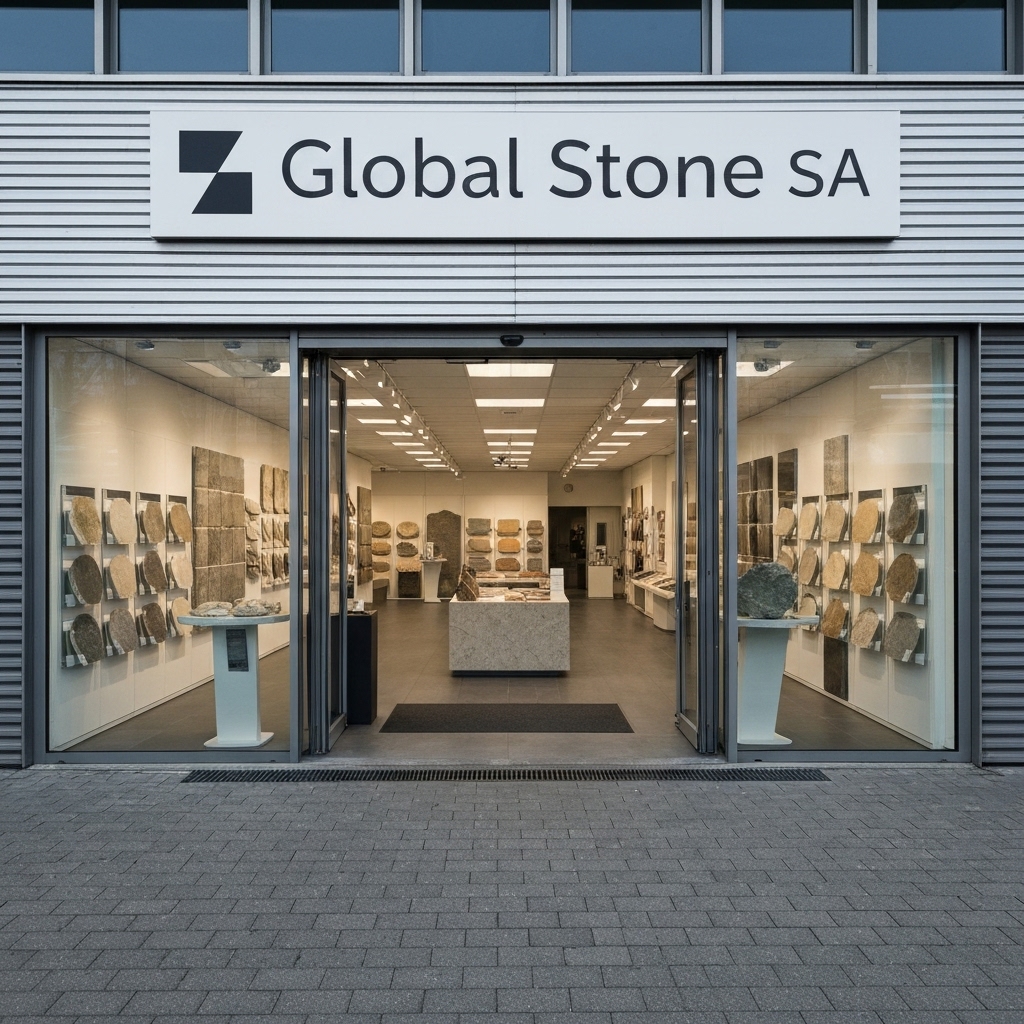 Global Stone SA showroom entrance in Crissier with natural stone display