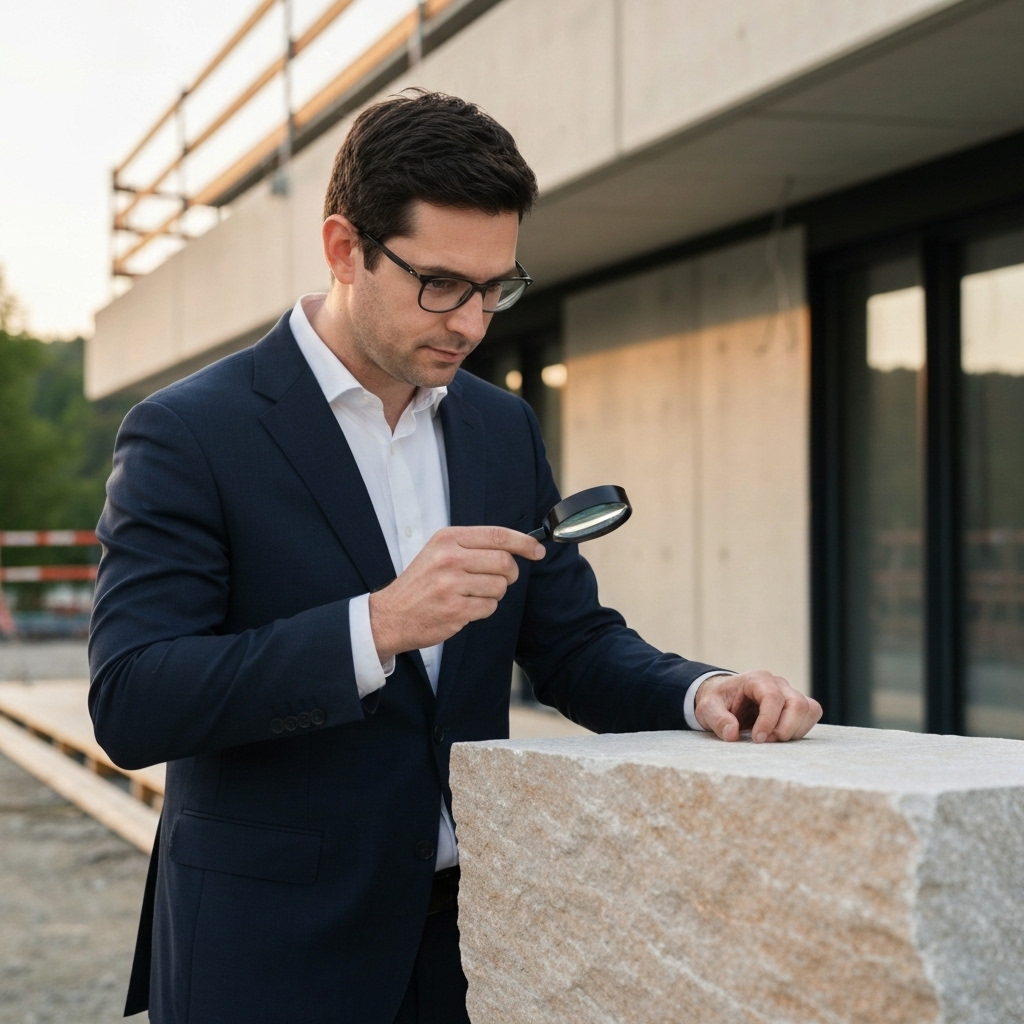Architecte examinant un échantillon de pierre naturelle sur un chantier de construction moderne dans le canton de Vaud