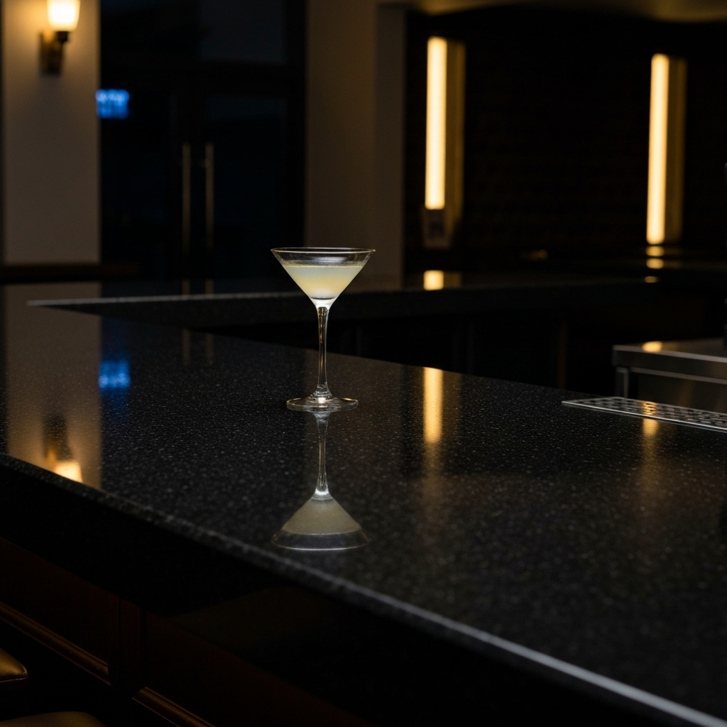 Close-up of a luxurious black granite bar counter with a cocktail glass, soft ambient lighting reflecting on the polished stone surface