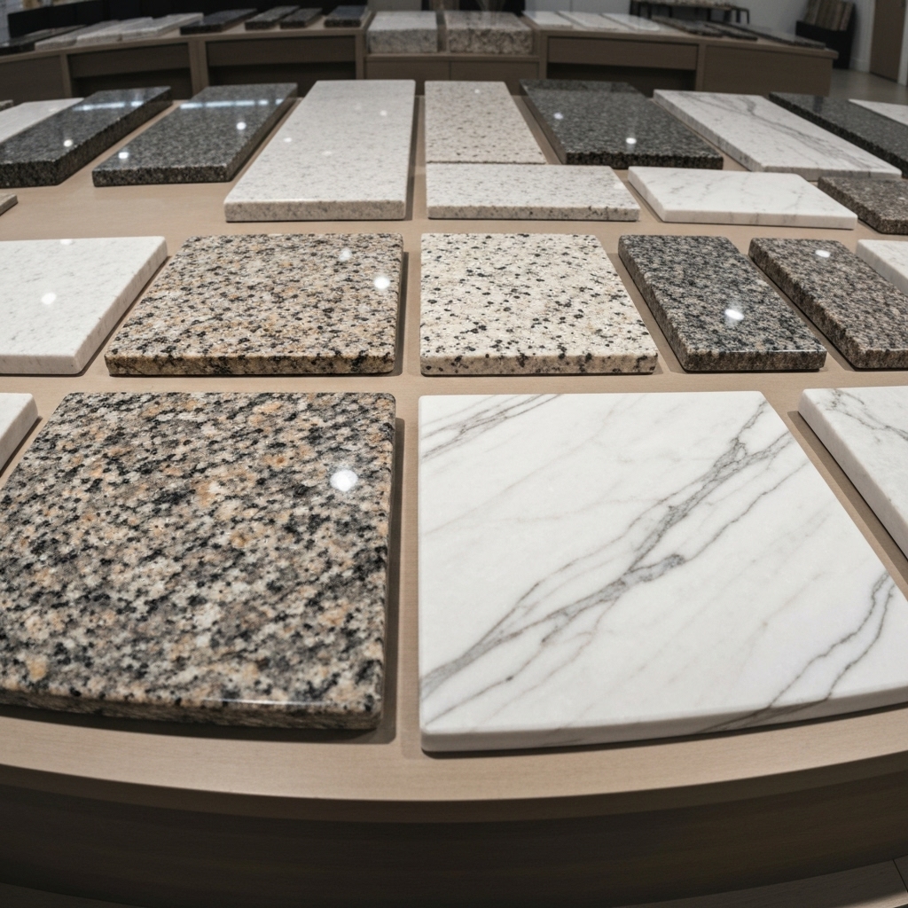 Bar interior showing varied textures of stone countertops including granite and marble samples laid out for selection