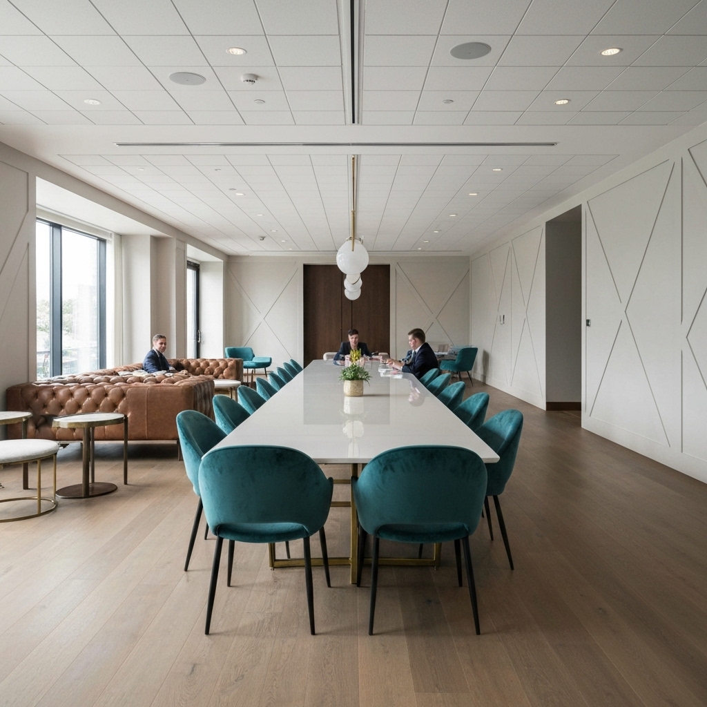 Luxurious modern conference room with a large natural marble table and stone cladding on the walls, natural light, high-end furniture