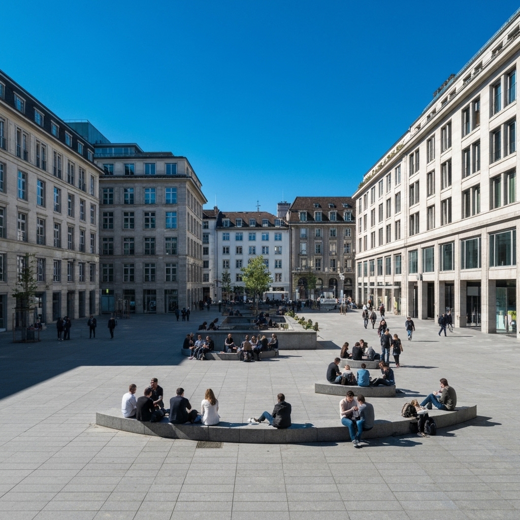 Large place publique moderne en Suisse avec des bancs minimalistes en granit gris et des passants
