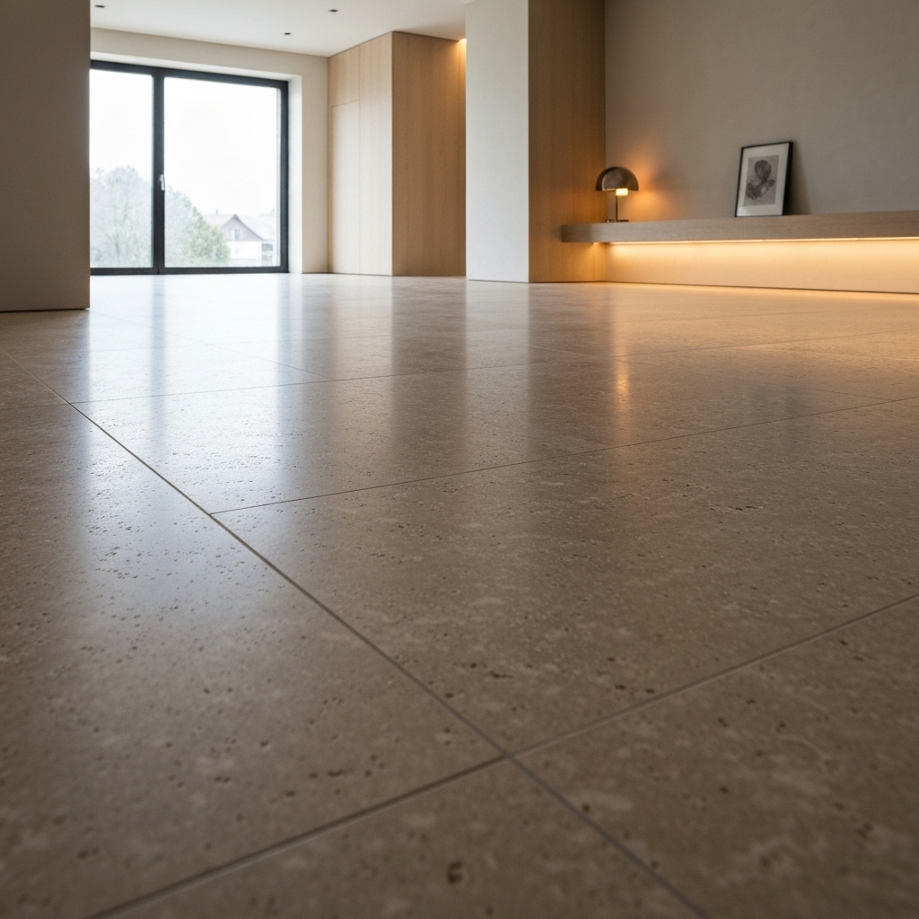 Close up of a luxurious travertine stone flooring with warm lighting in a modern Swiss living room