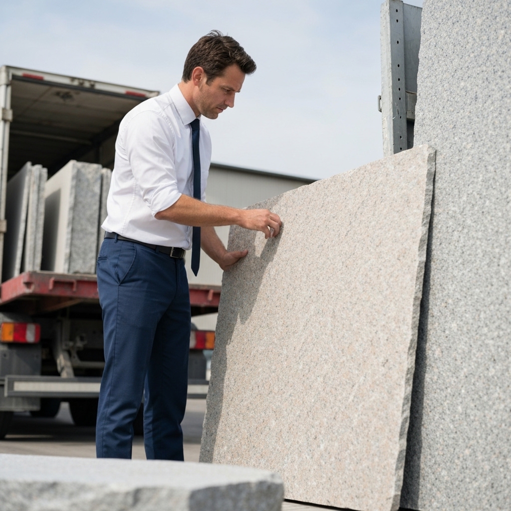 A professional logistic manager checking natural stone slabs quality before loading onto a truck in Switzerland, realistic style, detailed texture of stone