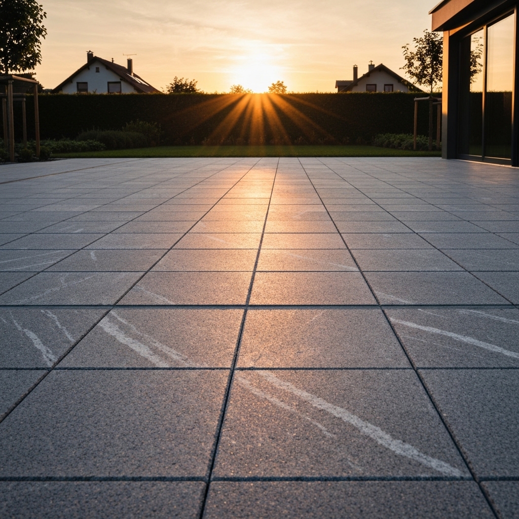 Close-up of elegant yet affordable grey granite paving stones installed in a modern Swiss garden, catching the sunset light