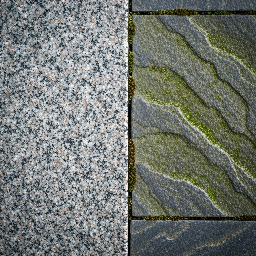 Close up texture comparison of marble slab versus granite slab and slate tile