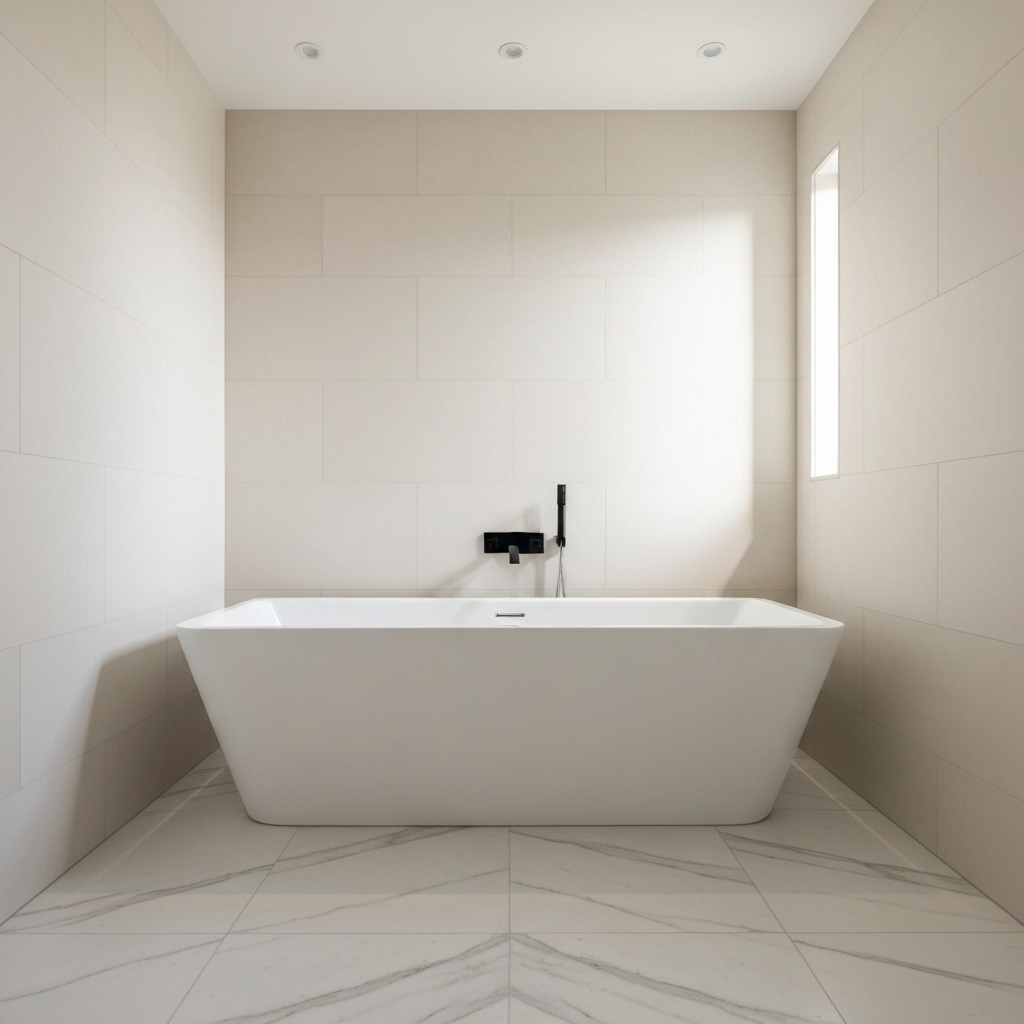 Luxurious bathroom with Italian marble floor and granite double vanity unit, sunlight streaming through window, photorealistic style
