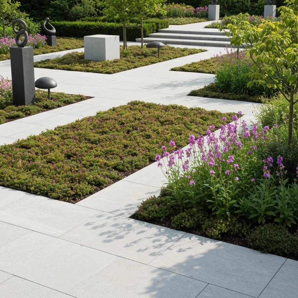 Jardin moderne suisse avec bordurettes en granit gris et parterres de fleurs soignés
