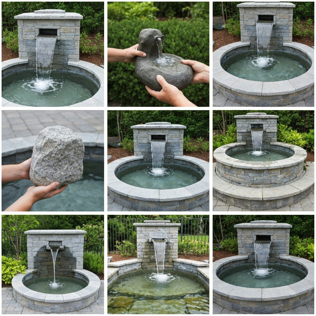 Collage photo des étapes pour une fontaine de jardin en pierre naturelle : sélection, installation et fontaine achevée.