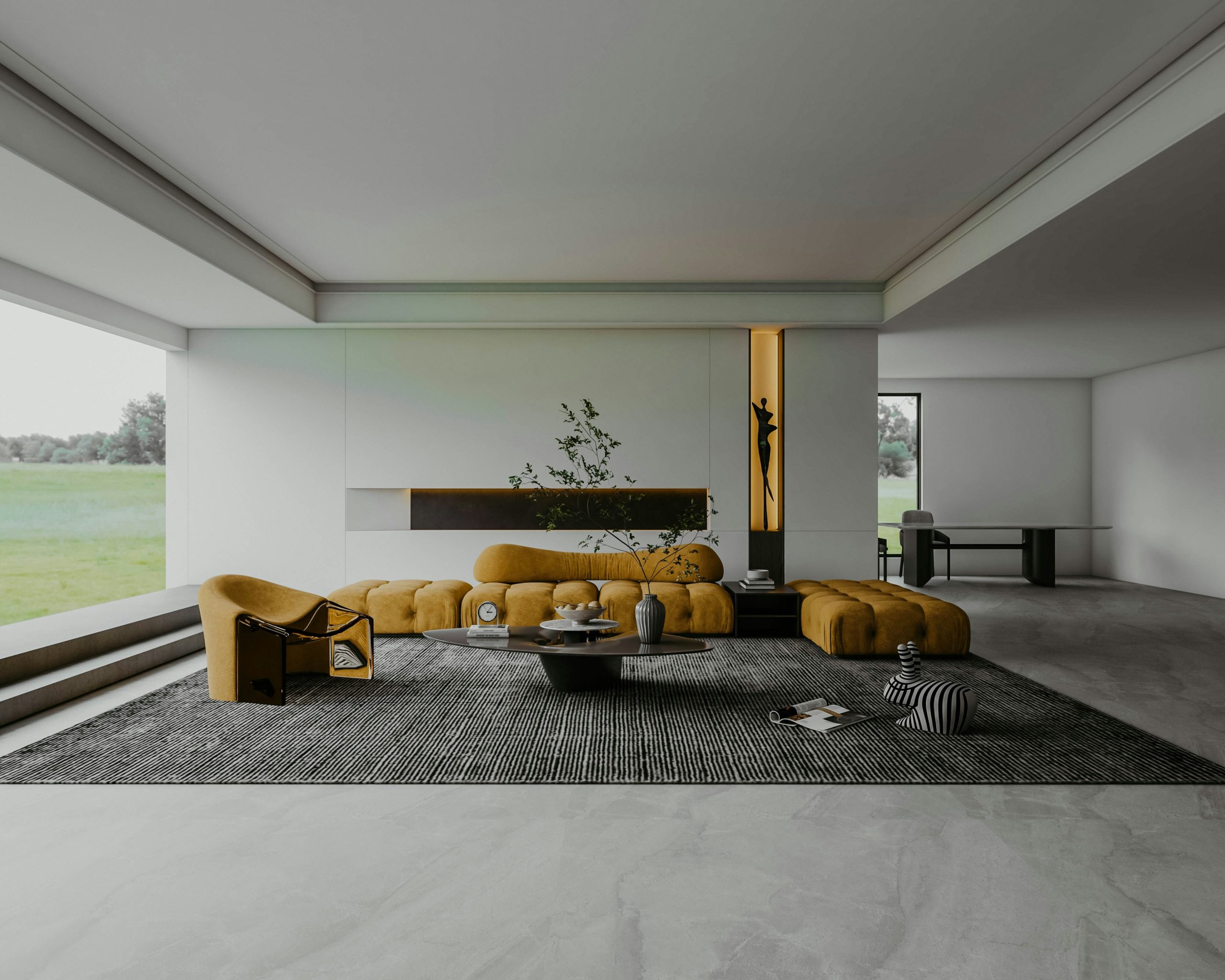 High-end interior living room with polished natural marble flooring reflecting light
