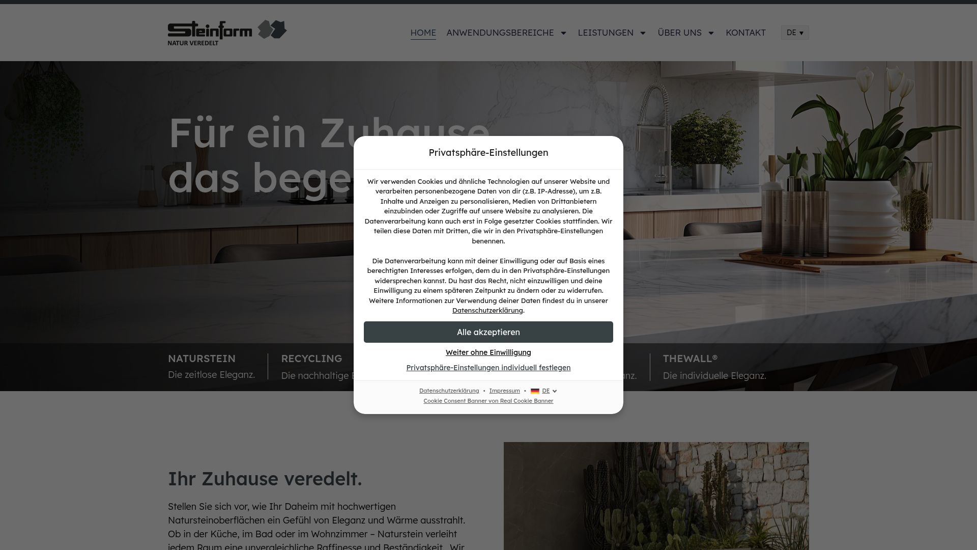 Screenshot of Steinform website showing living room applications