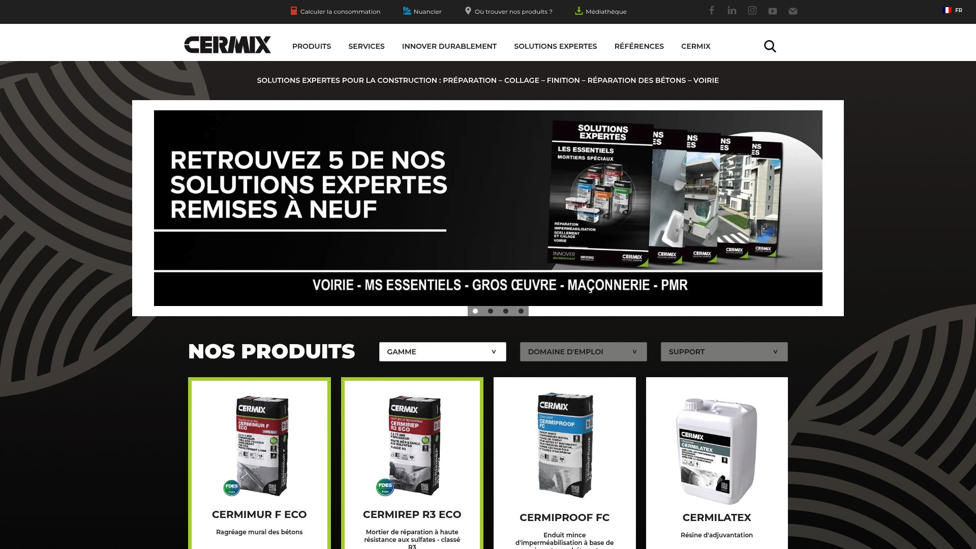 Screenshot of Cermix website showing different mortar products for natural stone