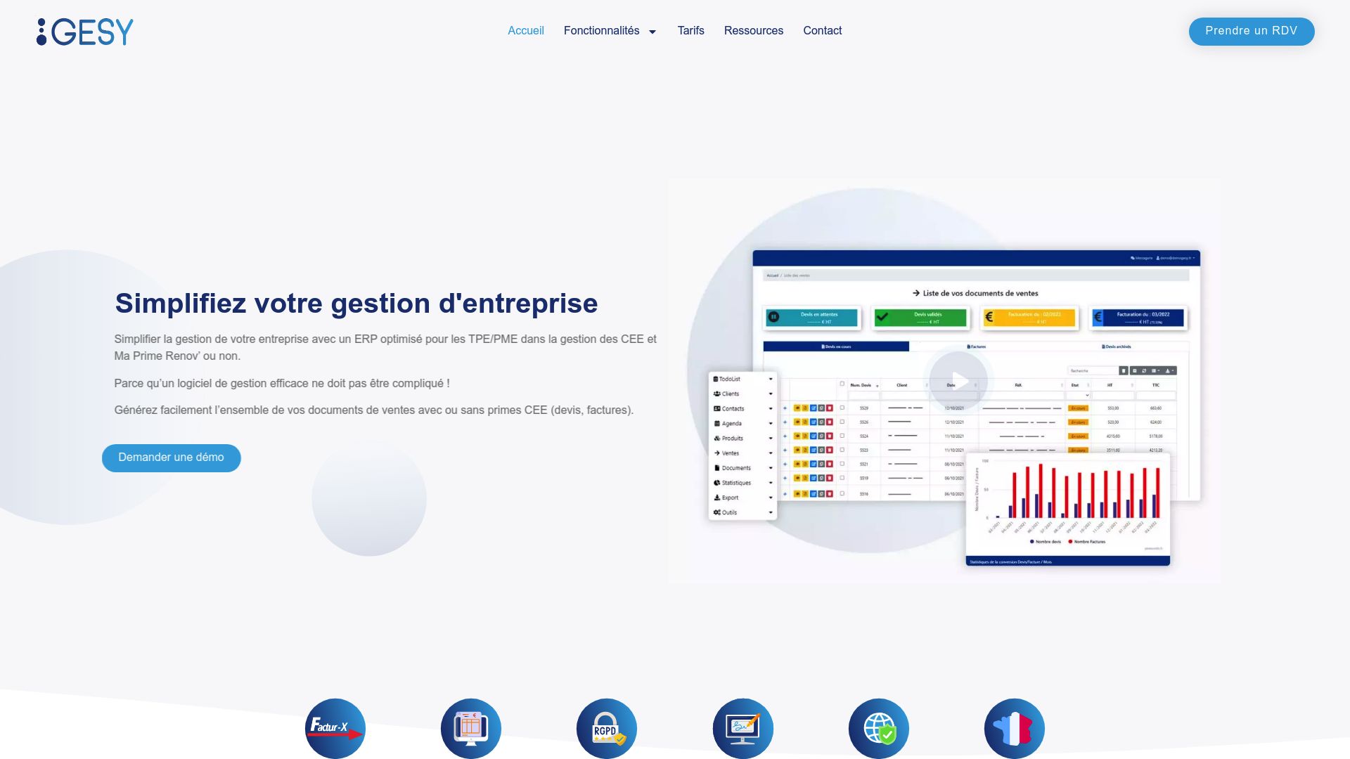 Screenshot of Gesy.app homepage showing software for renovation prime management