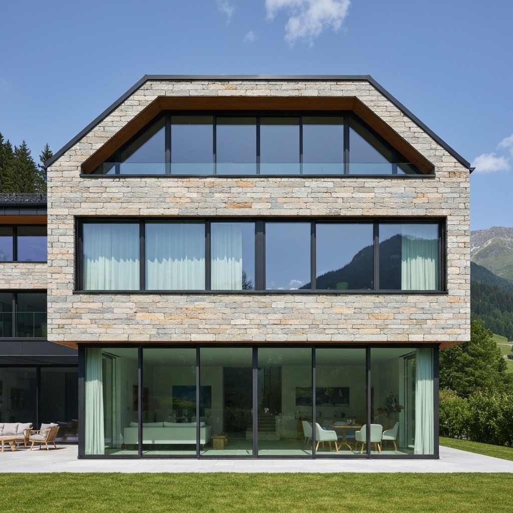 Modern Swiss luxury villa facade featuring elegant natural stone cladding, large windows, with Alpine mountain landscape visible in background, photographed during golden hour