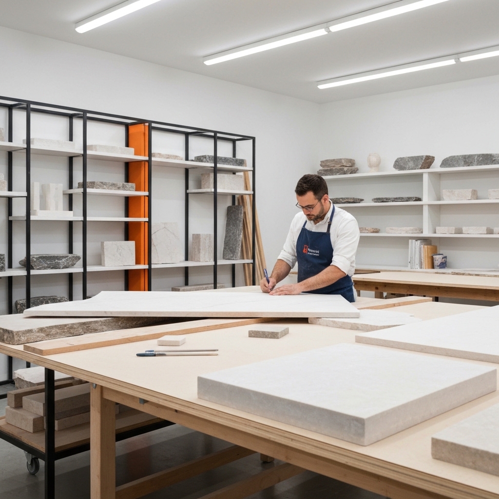 Professional stonemason working on custom marble countertop in bright workshop with natural stone slabs displayed on racks