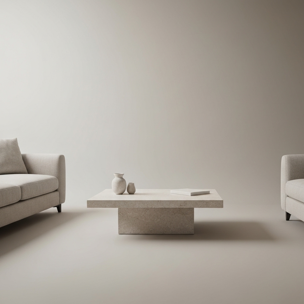 Elegant bespoke natural stone minimalist coffee table in a modern living room setting