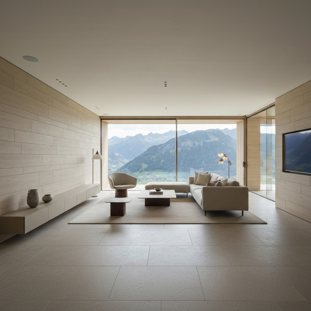 Luxurious modern Swiss living room featuring trendy natural stone flooring and wall cladding in warm beige tones, minimalist furniture, mountain view through window