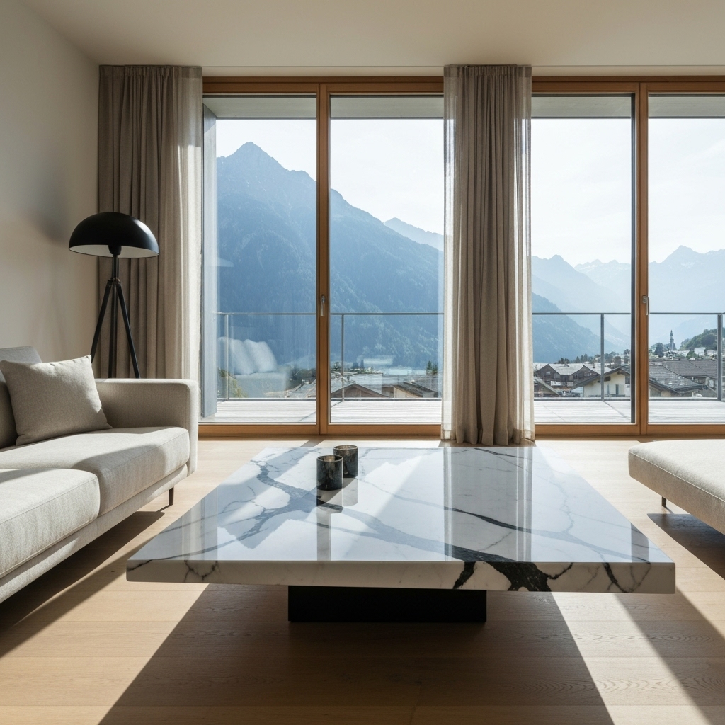 Salon luxueux moderne en Suisse avec une table basse unique en marbre blanc veiné noir, lumière naturelle, vue sur les montagnes