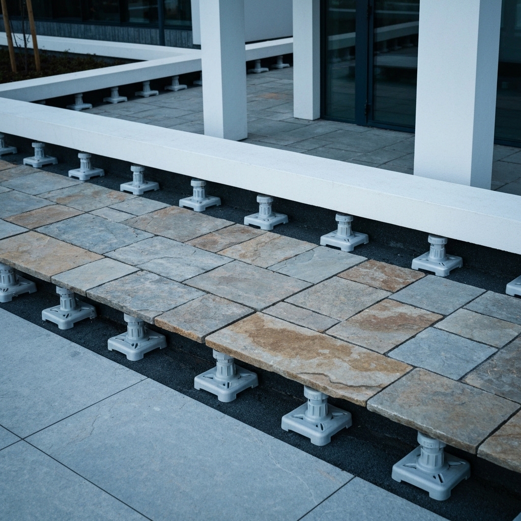 Cross section diagram of natural stone pavers on adjustable plastic pedestals (plots)