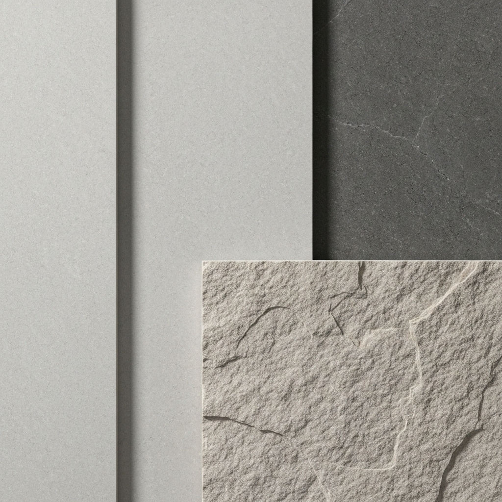 Close-up comparison of Elégance Karsuk sablé vs Torros flammée stone textures showing light reflection differences