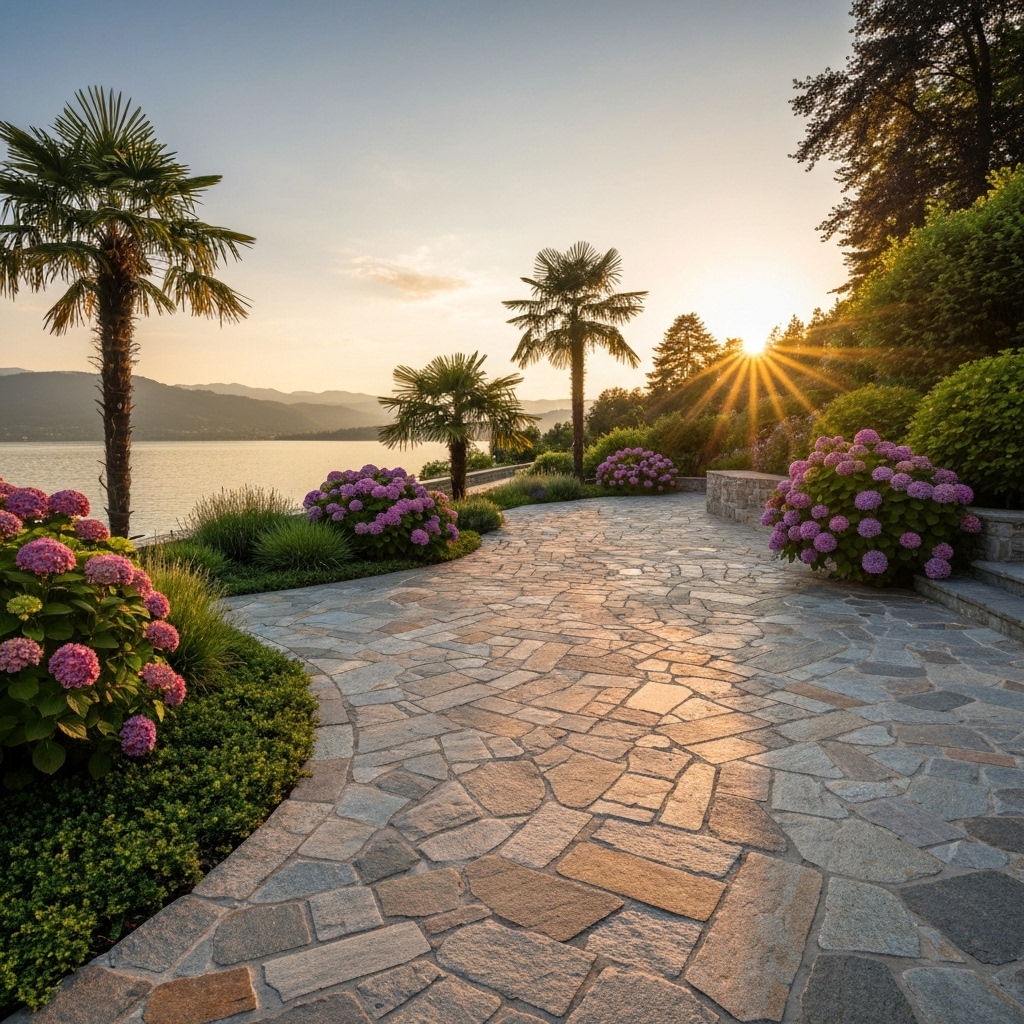 Luxurious terrace with natural stone paving near Lake Geneva seamlessly integrating with the landscape