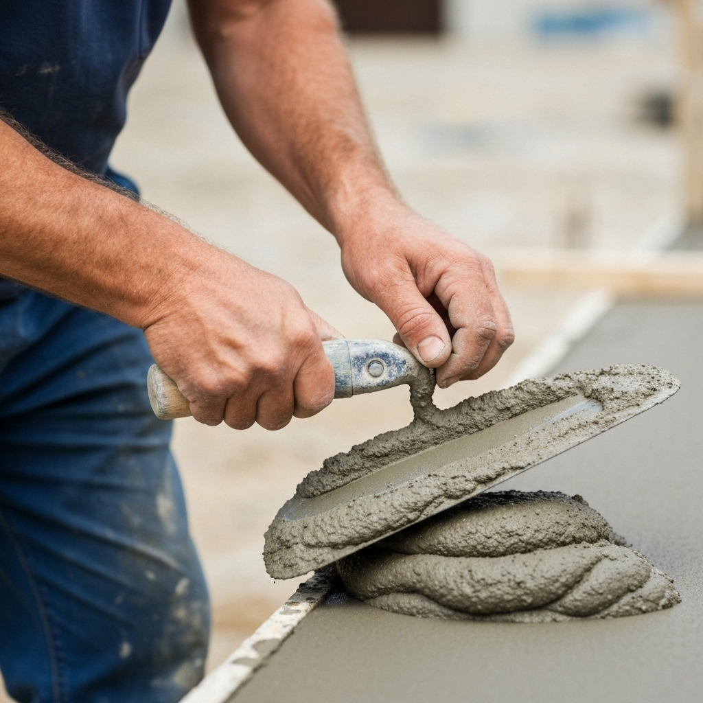 Close-up of a construction worker hands using a rubber mallet to adjust a natural stone slab on gravel bed