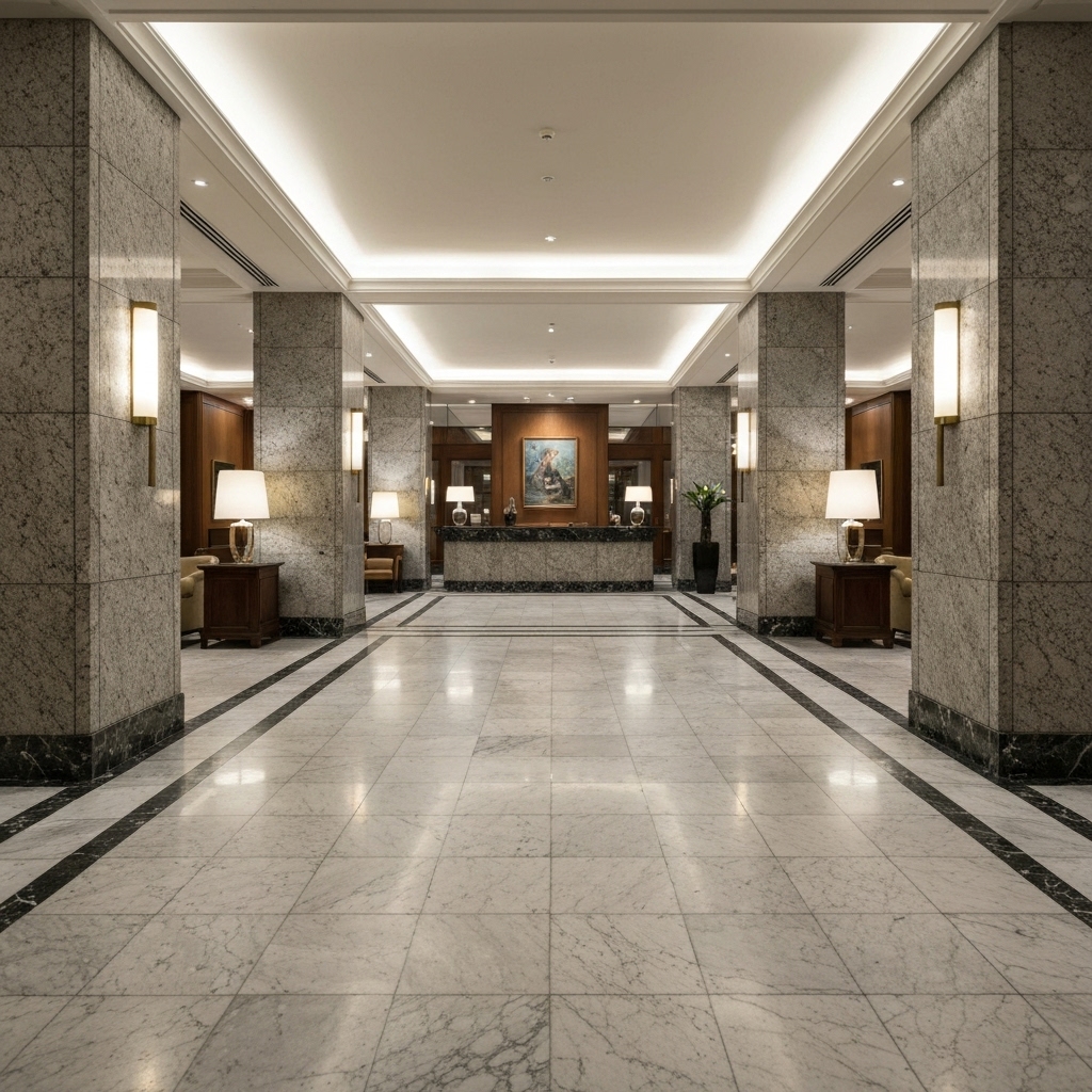 Luxurious hotel lobby in Switzerland featuring grand marble floors and granite walls, warm lighting, elegant atmosphere