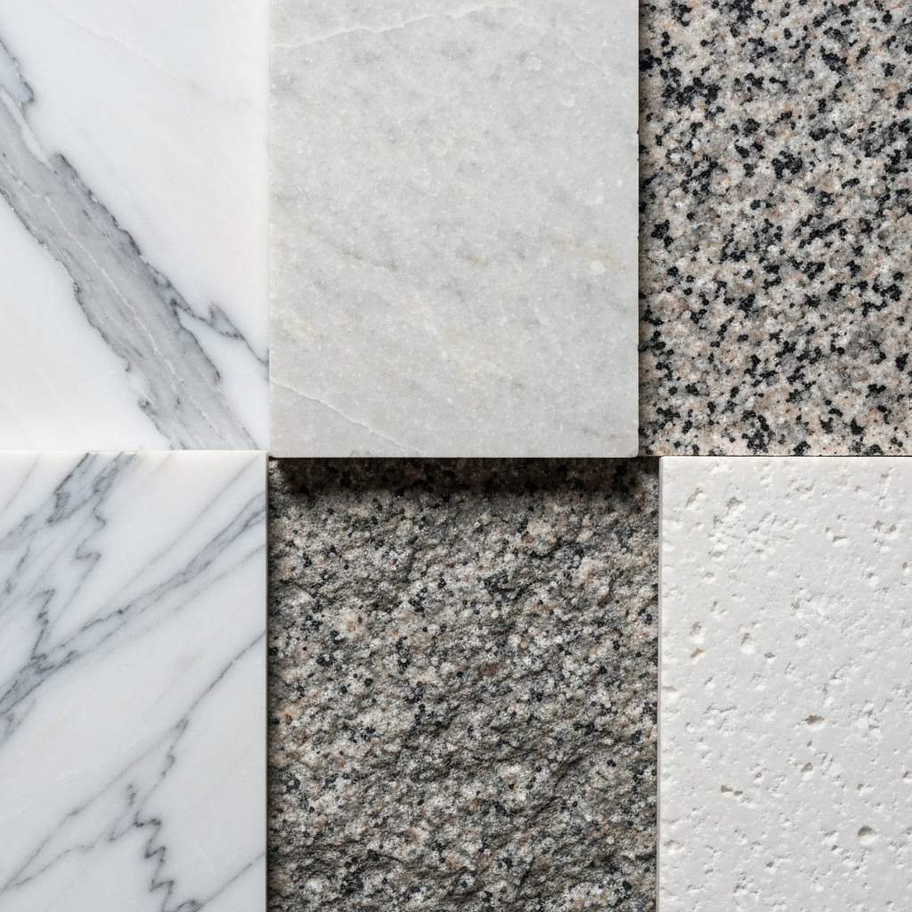 Detailed shot of textures: marble veins next to rough granite and brushed limestone samples