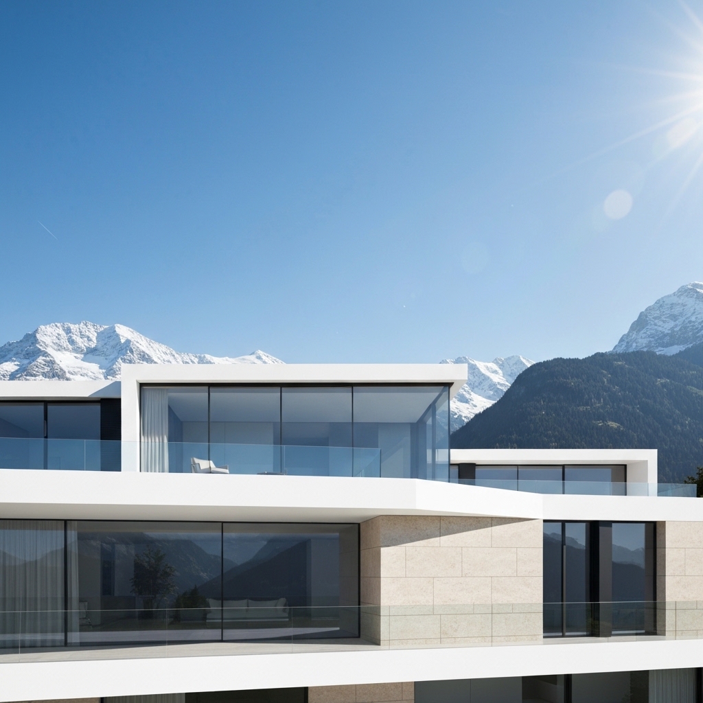 Immeuble moderne en Suisse avec façade ventilée en pierre naturelle calcaire beige sous le soleil