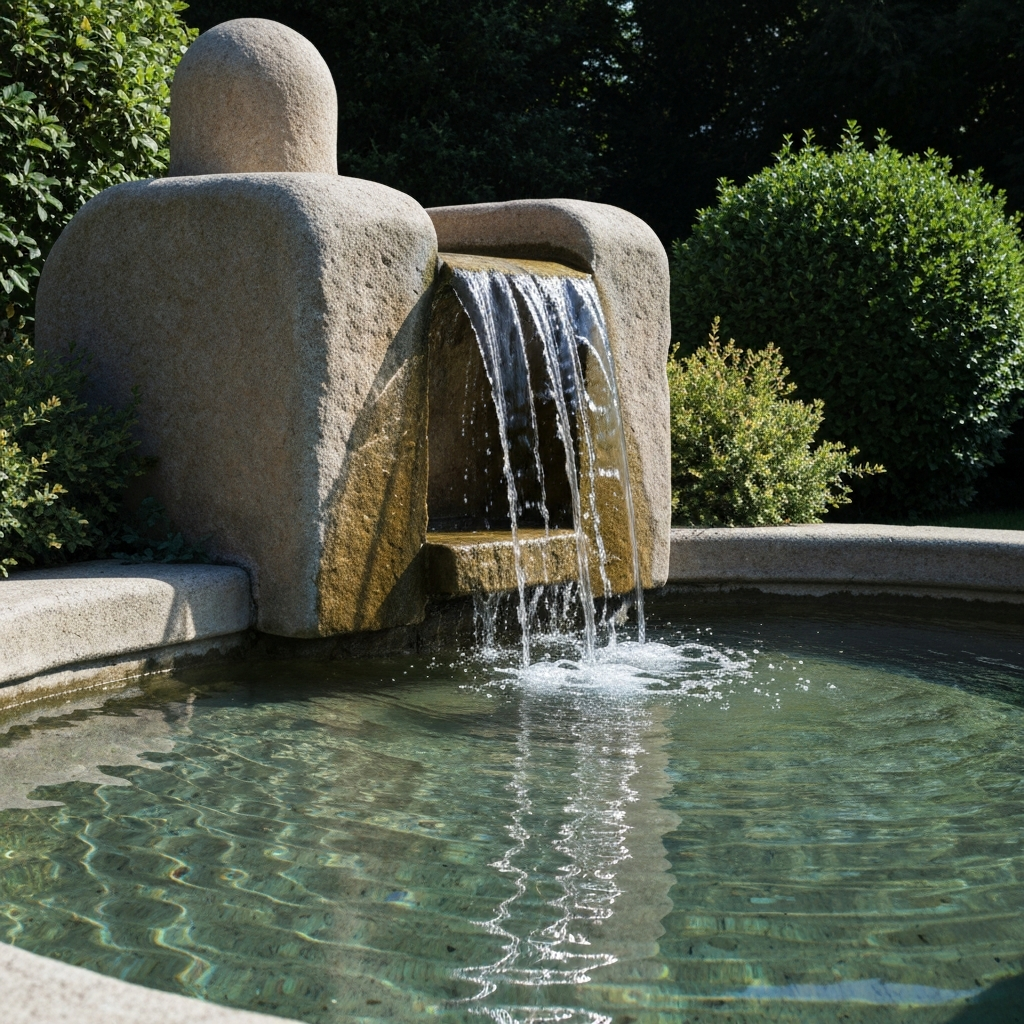 Outdoor garden fountain made of natural stone showing visible cracks, deterioration, and weather damage, close-up of damaged stone surface with erosion and wear, real photography style demonstrating poor quality materials in Swiss garden setting