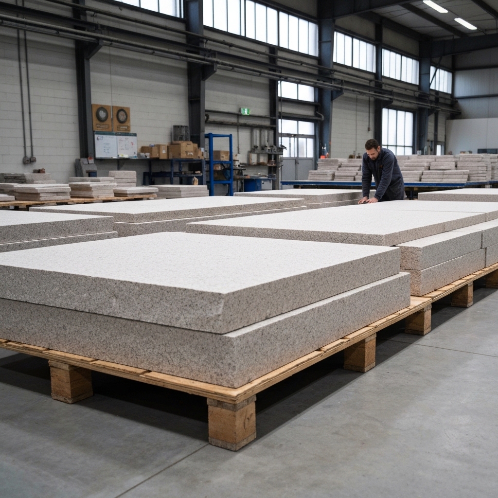 Stone warehouse interior showing stacked natural stone slabs with worker inspecting quality under natural lighting, professional industrial setting