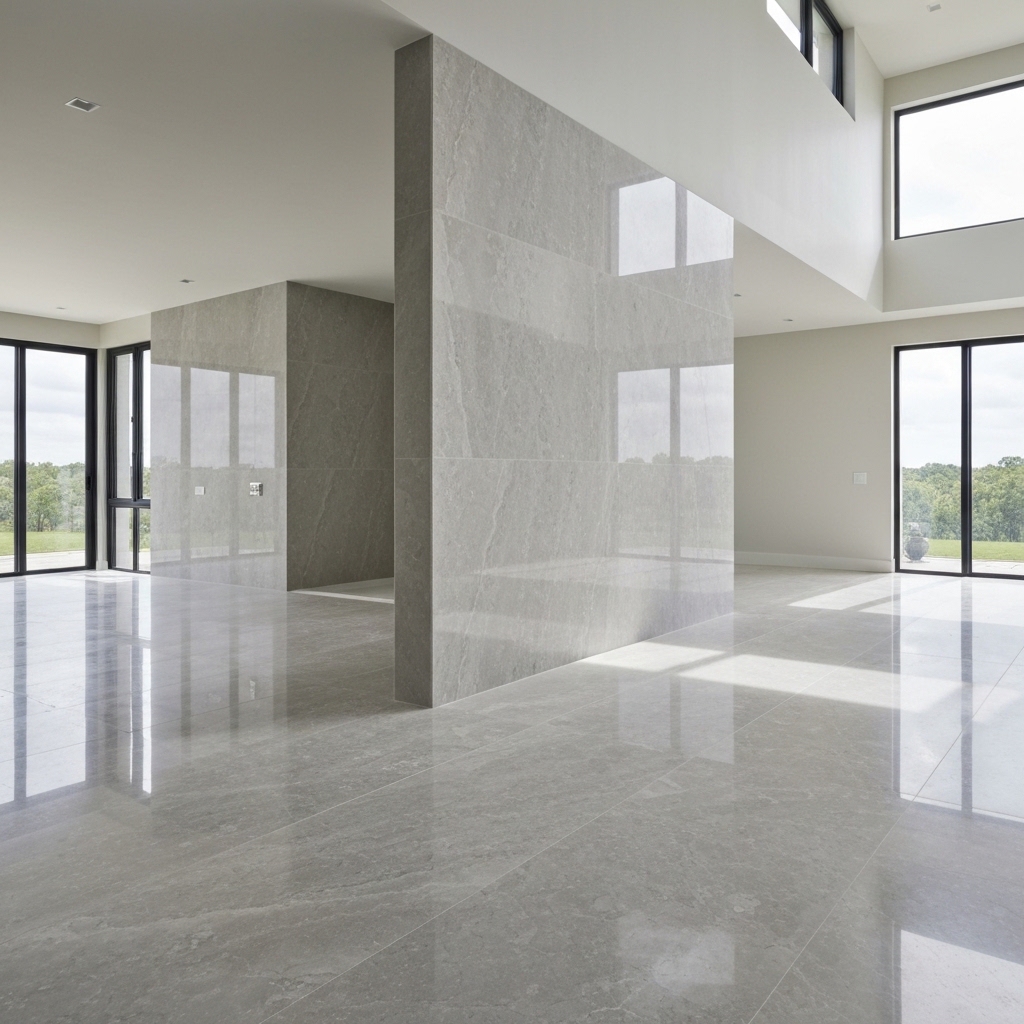 Magnifique sol en pierre naturelle grand format Suisse dans un intérieur moderne et lumineux, accentuant l'espace et l'élégan