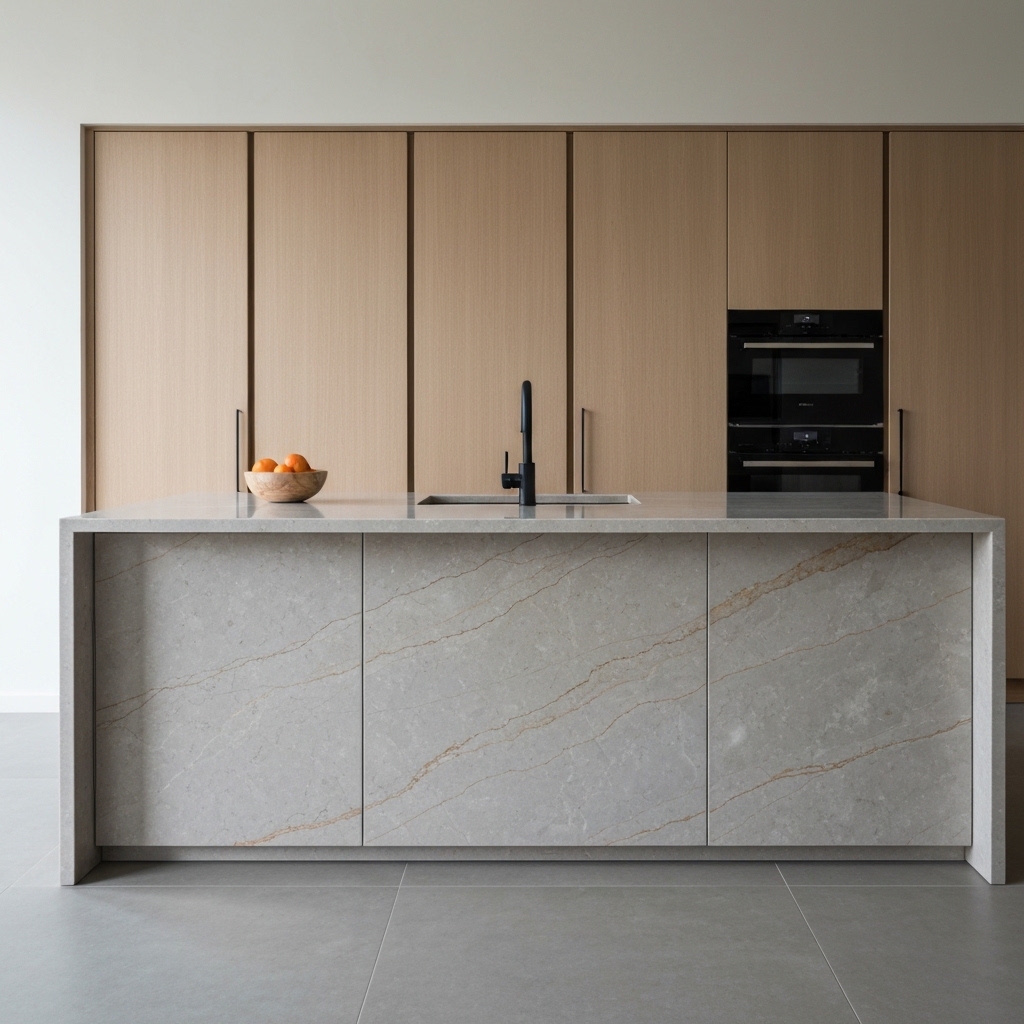 Élégante cuisine avec plan de travail en pierre naturelle sur mesure, par des spécialistes à Lausanne.