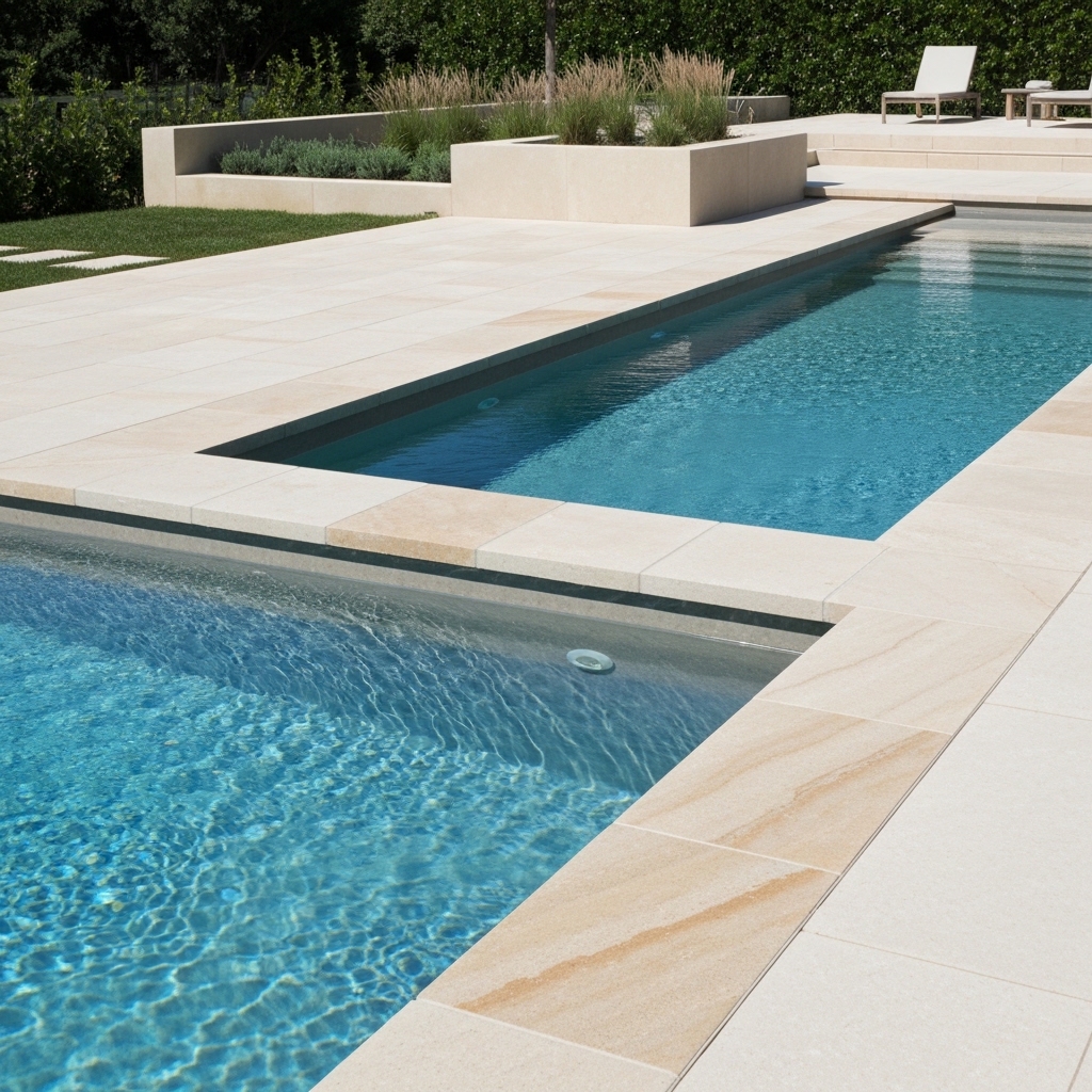 Superbe piscine moderne bordée de pierre naturelle pour piscine claire, avec eau bleue scintillante et cadre végétal.