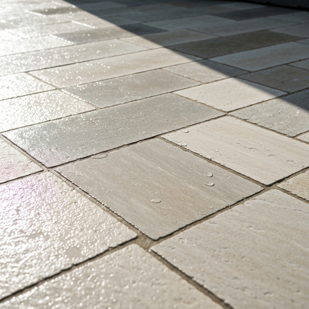 Terrasse en pierre naturelle impeccable et fraîchement nettoyée, montrant l'efficacité d'un nettoyage terrasse pierre naturel