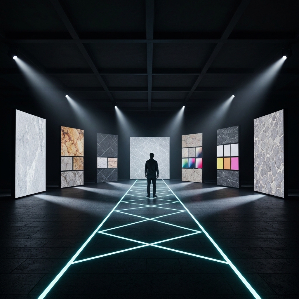 Processus futuriste pour choisir teinte pierre naturelle extérieur: chemin lumineux avec échantillons holographiques, 5 étape