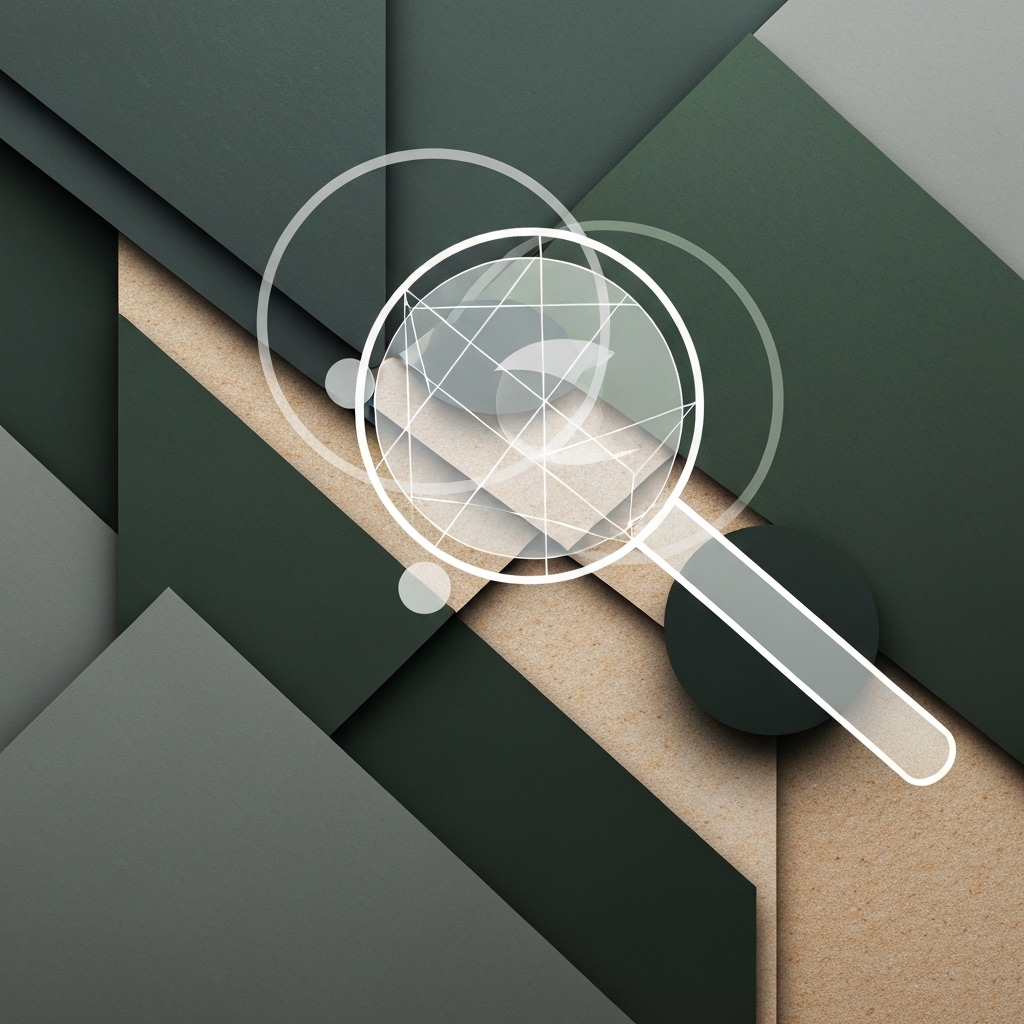 Image abstraite géométrique représentant l'analyse et l'avis sur les bordurettes en pierre naturelle, avec une loupe.