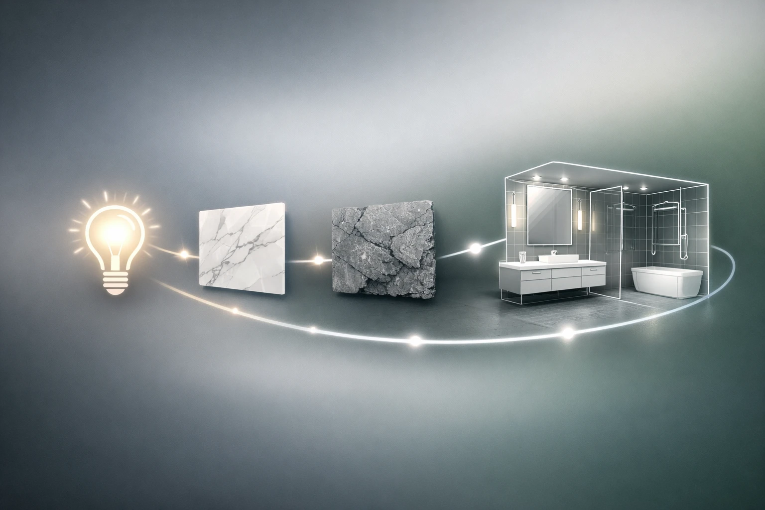 Inspiration salle de bain pierre naturelle: processus de design moderne avec icônes flottantes et dégradé tech-forward.