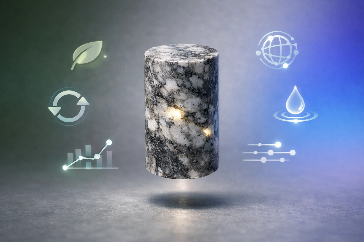 Pierre naturelle futuriste lumineuse flottant. Icônes de durabilité et technologie sur fond dégradé maillé. Pierre naturelle