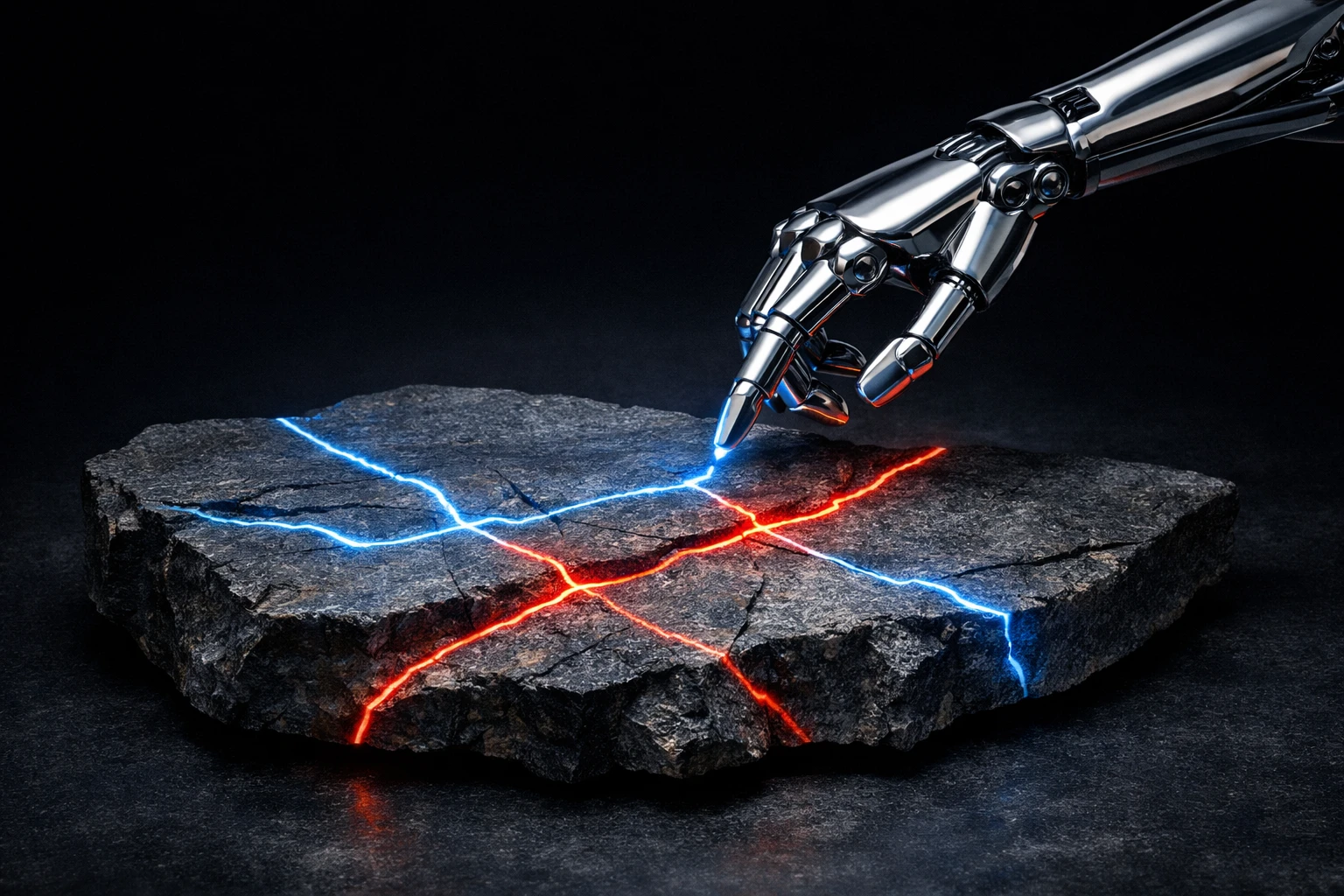 Diagnostic futuriste néon sur pierre naturelle, soulignant les erreurs de pose à éviter avec bras robotique innovant.