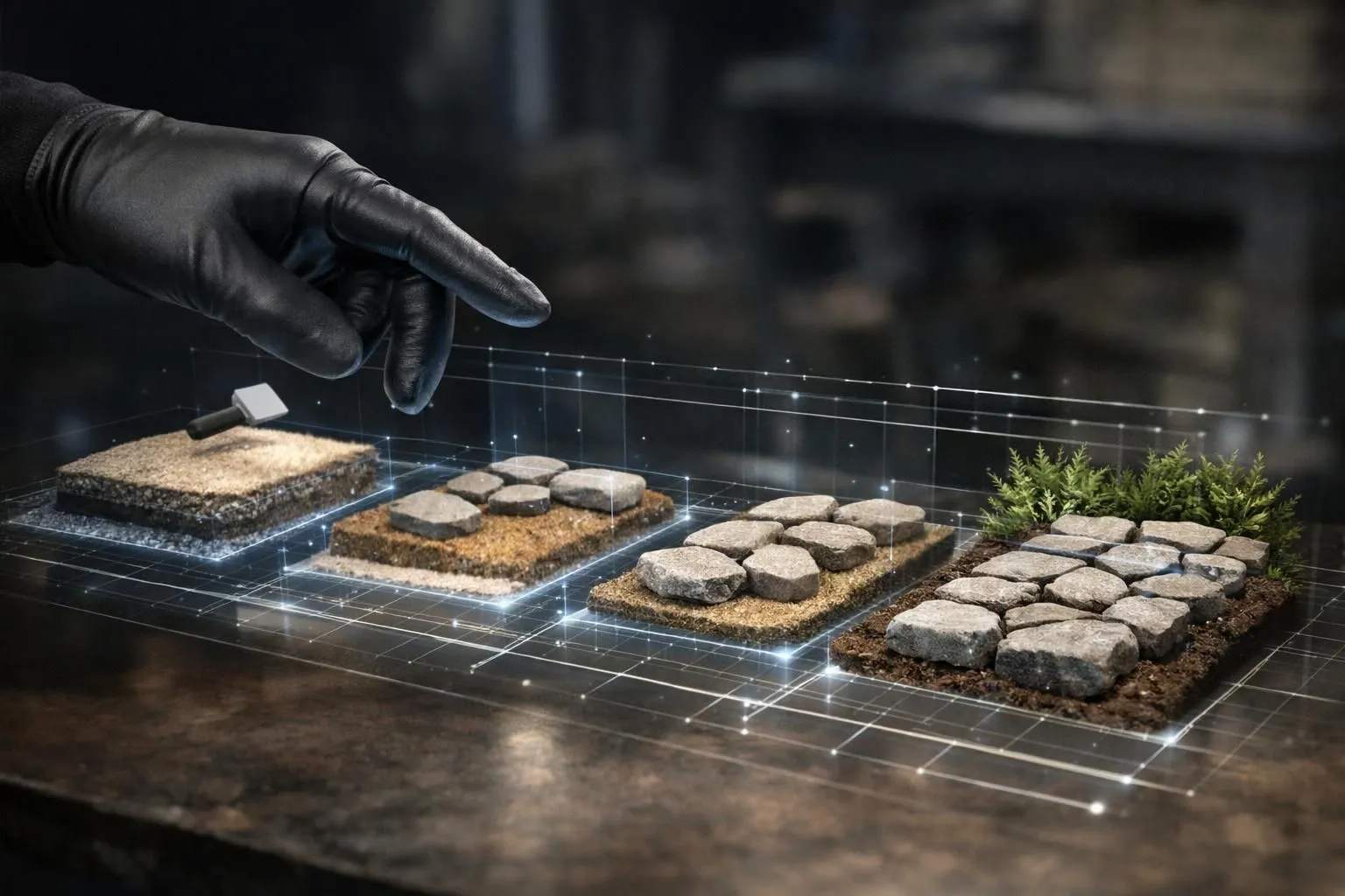 Processus innovant de pose de pierre naturelle pour allées de jardin, projeté en hologramme néon. Guide 2026.