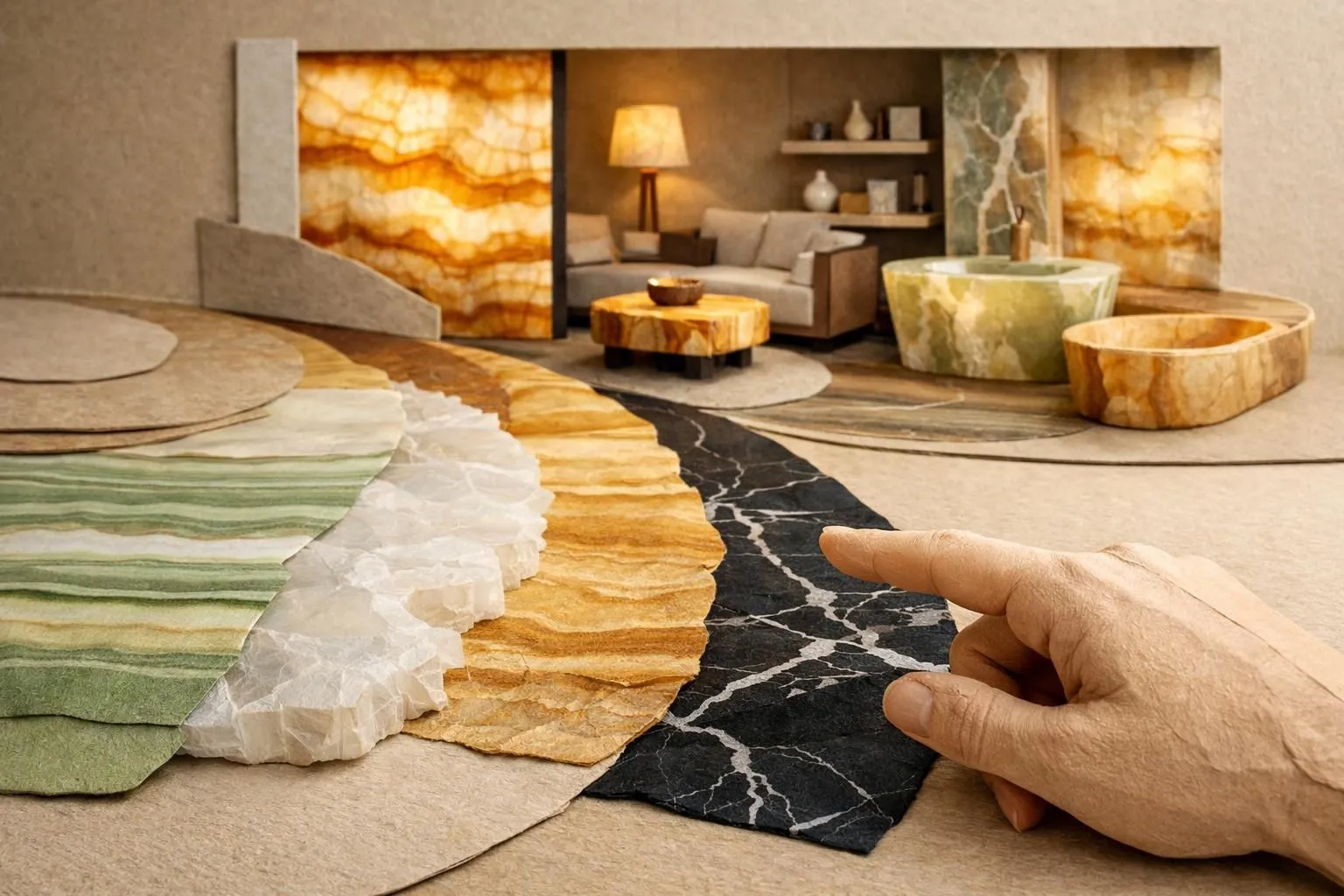 Une main en papier guide à travers différents types d'onyx pour décoration, textures variées, style craft.