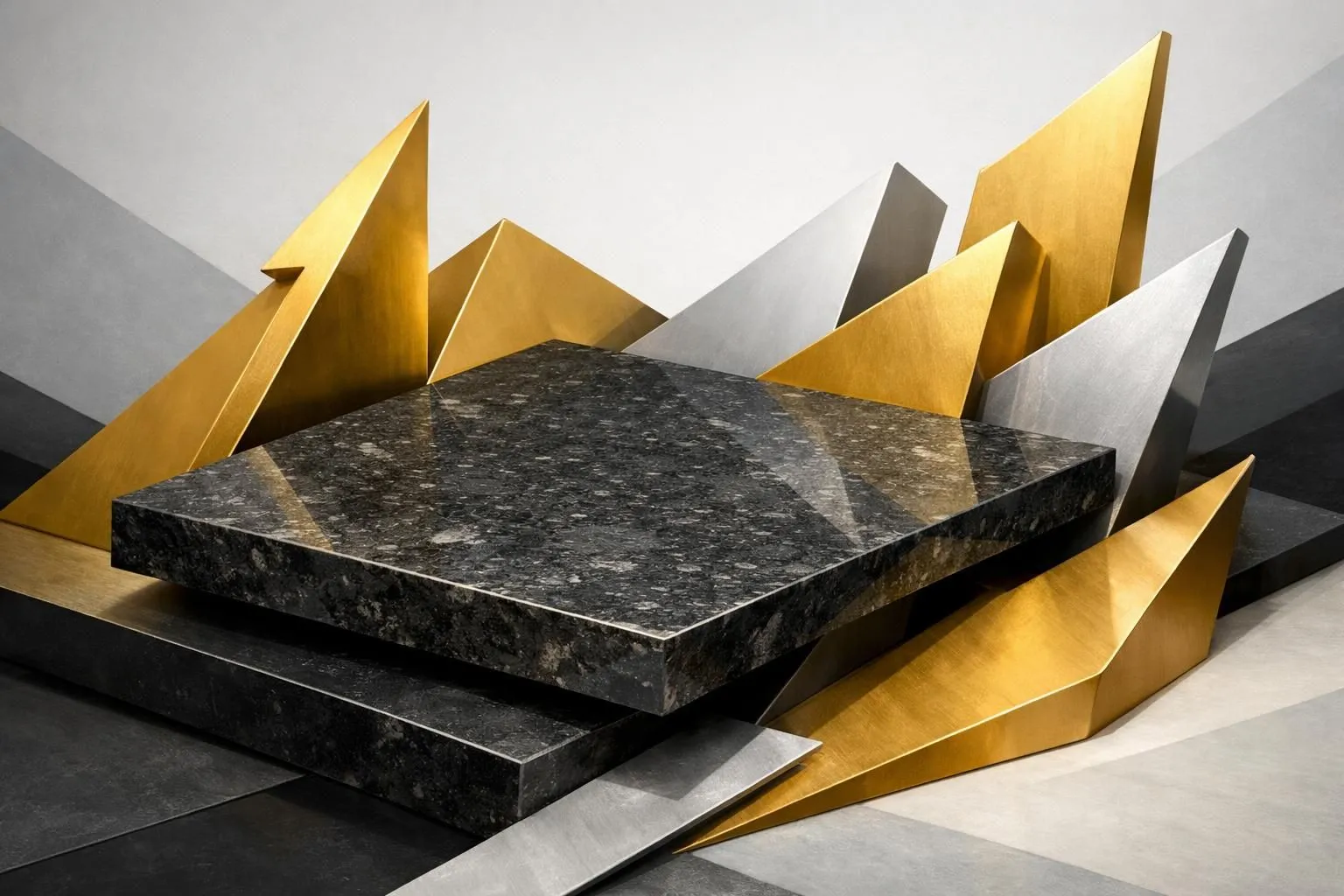 Graphisme abstrait : un comptoir en granit stylisé, évoquant le prix du granit pour cuisine en 2026.