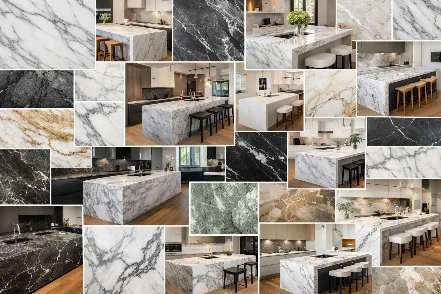 Collage authentique de cuisines en marbre modernes et diverses. Focus sur le marbre cuisine prix suisse et les évolutions fut